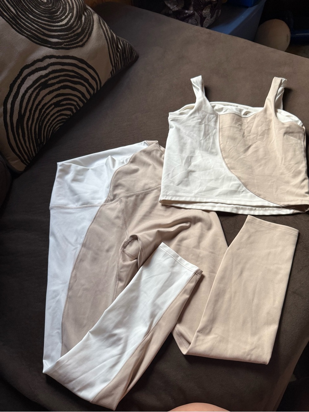 RBX Beige and White Colorblock High-Waist Leggings with Cropped Tank Set